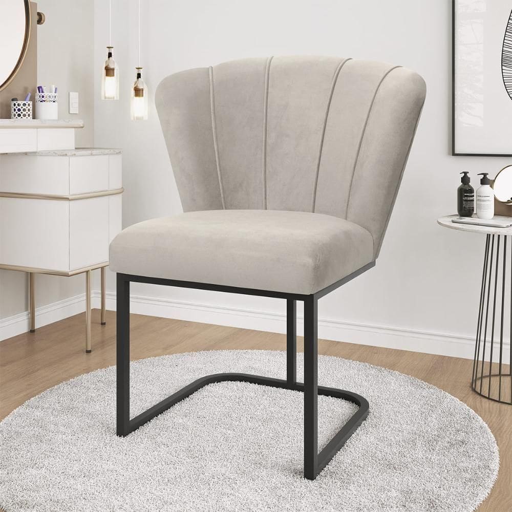 Cadeira Jantar Flor Mesa Cozinha Reforçada Base Metal Preta Bege