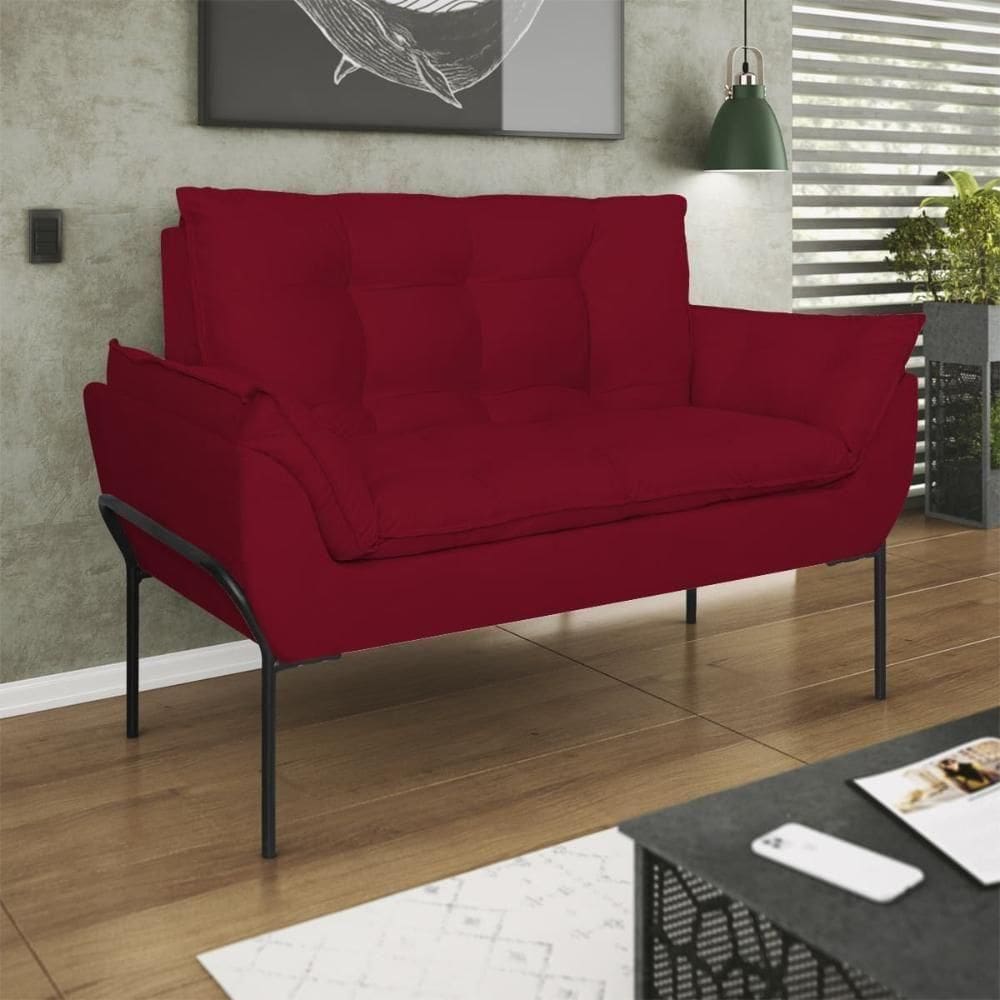 Poltrona Sofá Luxo Base Metal Preto Recepção Escritório Vermelho