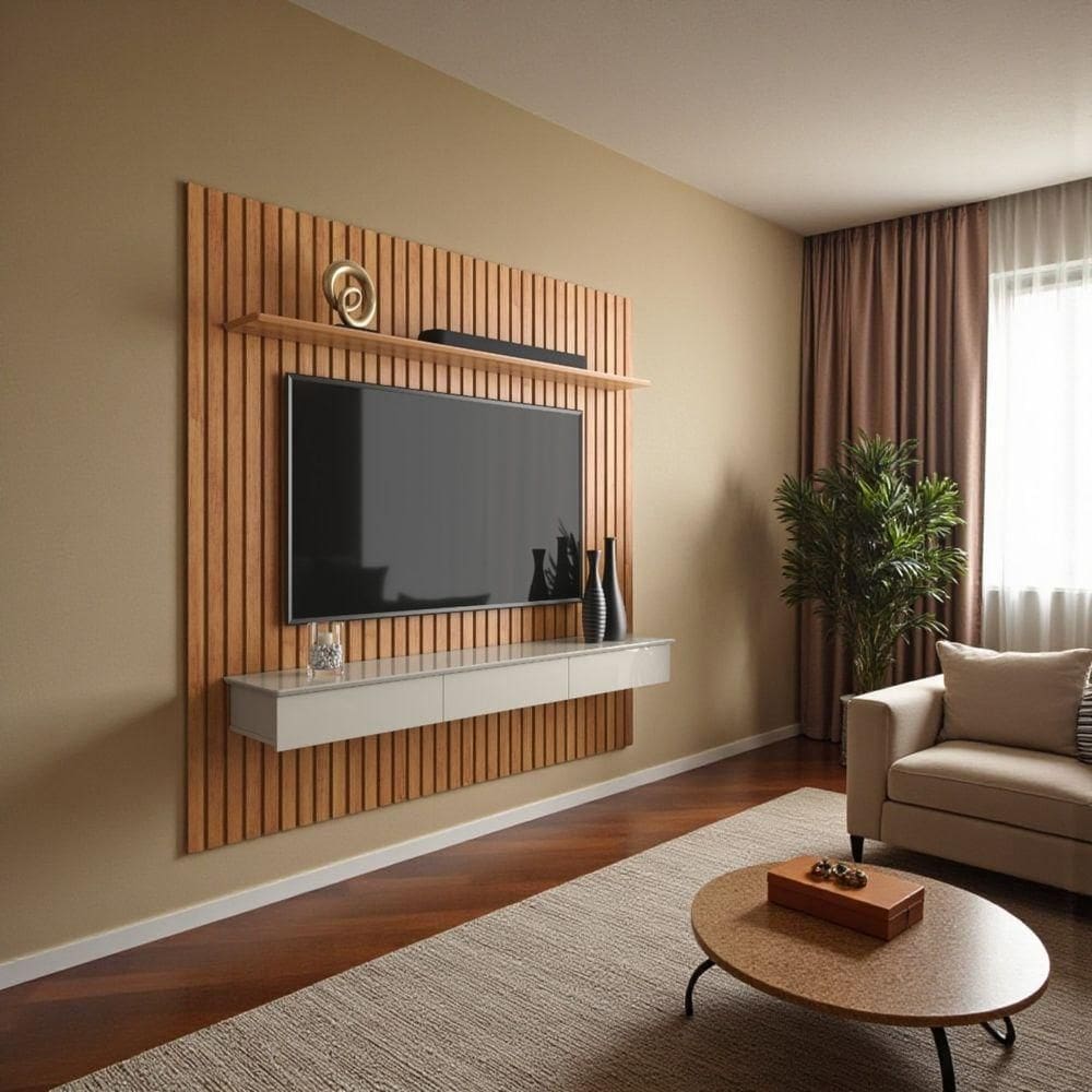 Painel Ripado Para Tv Até 55” Home Antares Nicho 3 Gavetas E Prateleira Fixação Na Parede Patrimar Cinamomo/off Whit