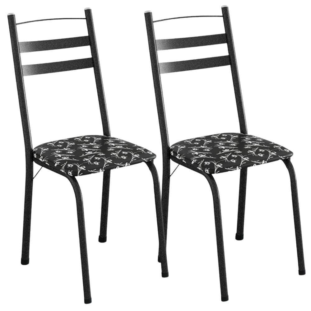 Kit 2 Cadeiras Tubular America 061 Cromo Preto Assento Preto Flor Artef