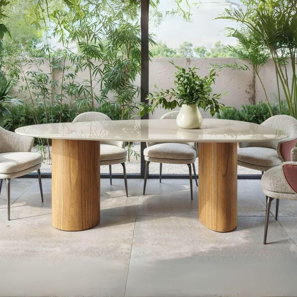 Mesa De Jantar Orgânica Breeze 2,40 X 1,20m 9 Lugares Lâmina Natural De Madeira Off White Vidro
