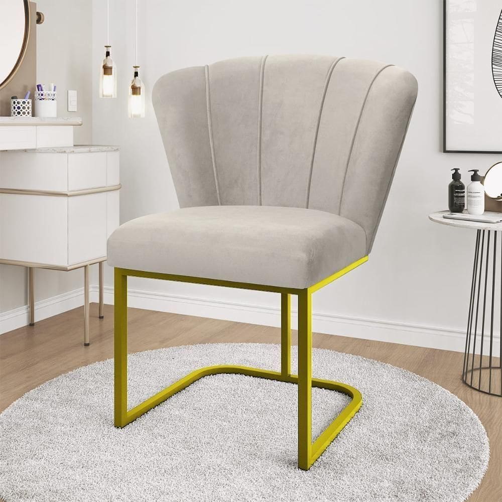 Cadeira Jantar Flor Mesa Cozinha Reforçada Base Metal Dourada Bege