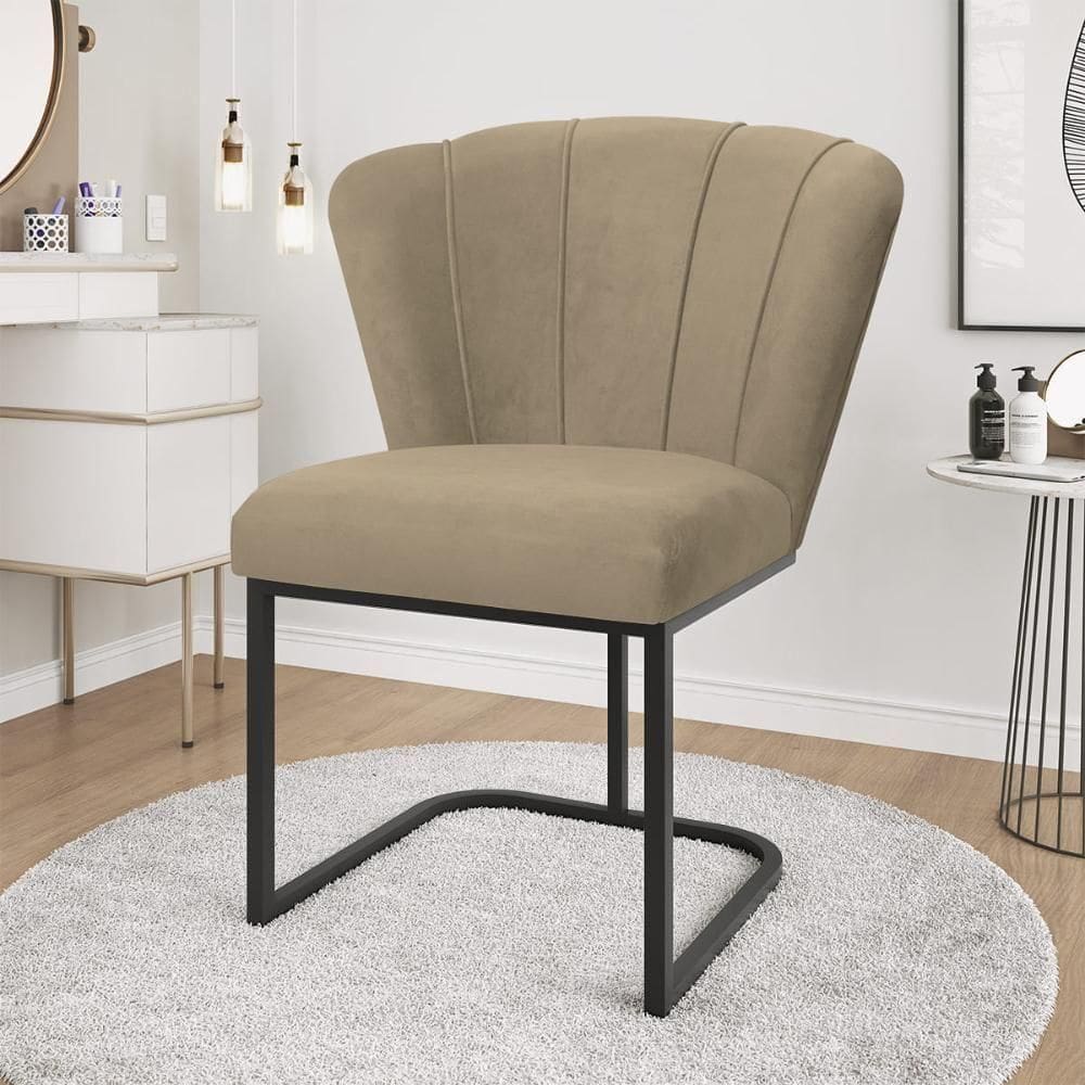 Cadeira Jantar Flor Mesa Cozinha Reforçada Base Metal Preta Capuccino