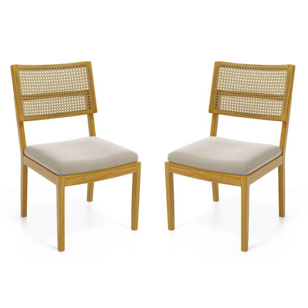 Kit Com 2 Cadeiras Milena Madeira Maciça Assentos Estofados Encostos De Tela Palha Sextavada Veludo Bege 102