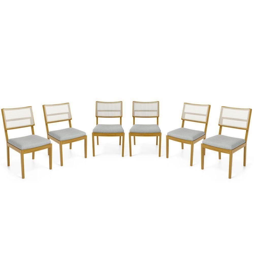 Kit Com 6 Cadeiras Milena Madeira Maciça Assentos Estofados Encostos De Tela Sintética Linho Cinza 407