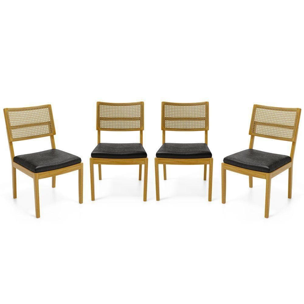 Kit Com 4 Cadeiras Milena Madeira Maciça Assentos Estofados Encostos De Tela Palha Sextavada Courino Preto 503