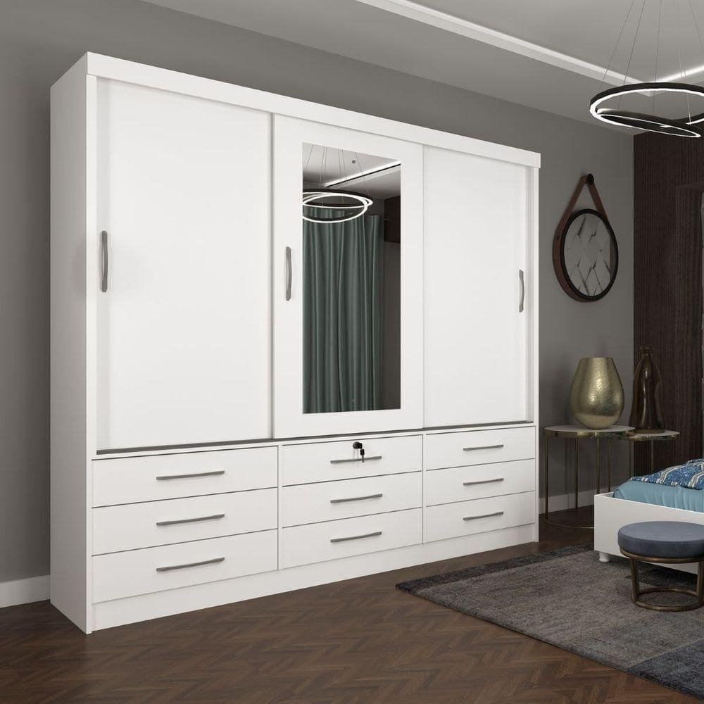 Guarda Roupa Chicago 3 Portas 9 Gavetas Com Espelho Tcil Cor:branco
