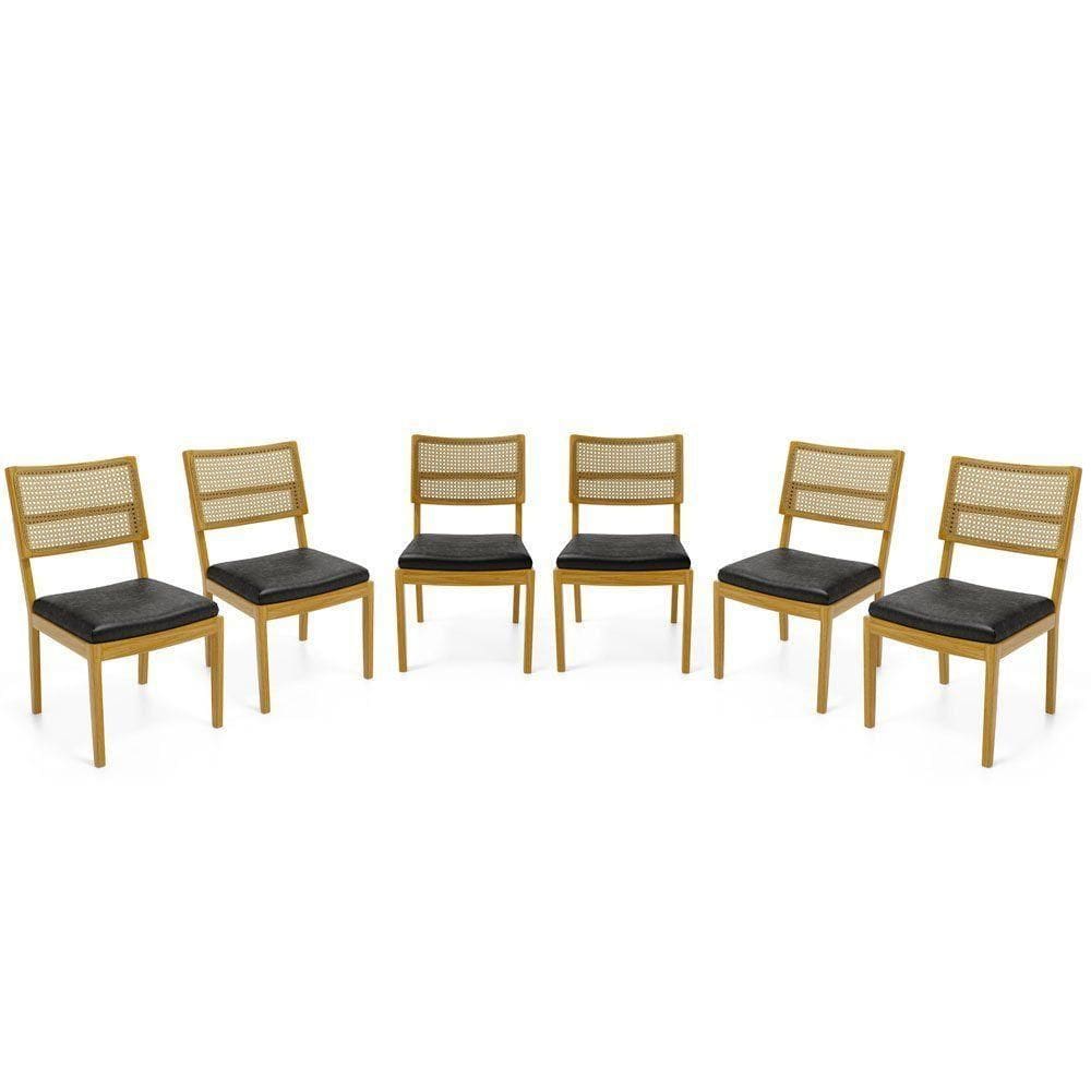 Kit Com 6 Cadeiras Milena Madeira Maciça Assentos Estofados Encostos De Tela Palha Sextavada Courino Preto 503