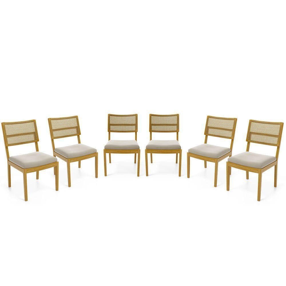 Kit Com 6 Cadeiras Milena Madeira Maciça Assentos Estofados Encostos De Tela Palha Sextavada Veludo Bege 102