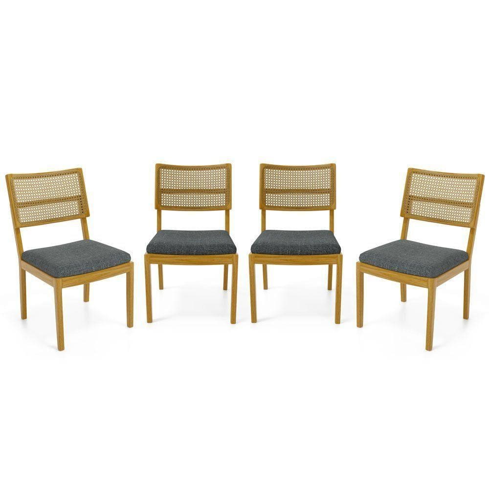 Kit Com 4 Cadeiras Milena Madeira Maciça Assentos Estofados Encostos De Tela Palha Sextavada Linho Chumbo 406