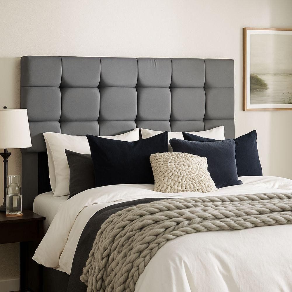 Cabeceira Cama De Casal 140 Cm Malta Em Suede Com Frame Cinza