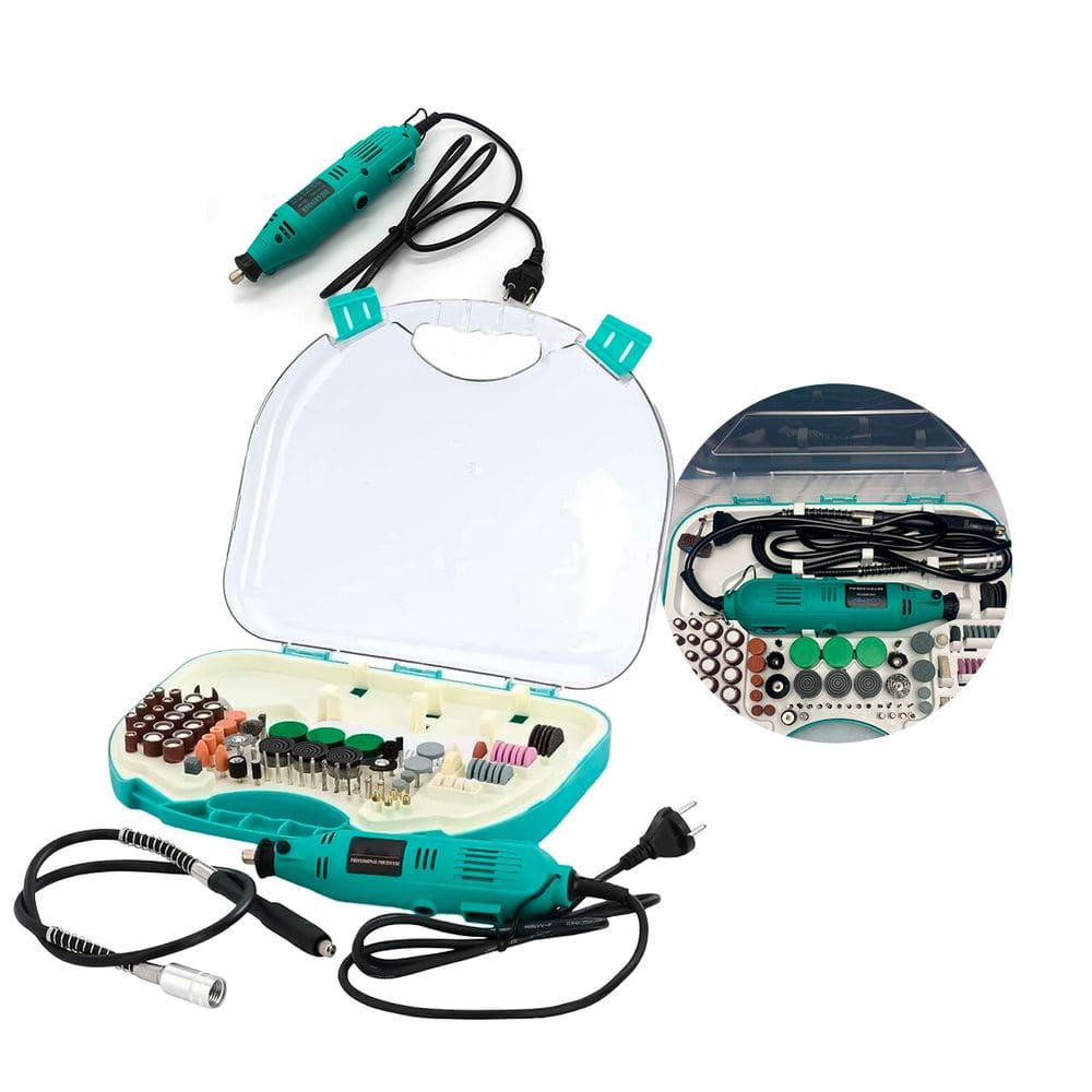Mini retífica profissional 450w 110v com velocidade ajustável de 8000 a 32000 rpm, motor de cobre e kit completo com 211 acessórios inclusos