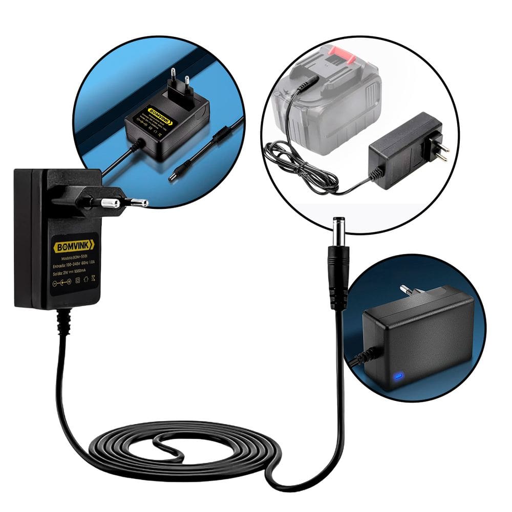Carregador bivolt 21v para parafusadeira com recarga rápida, dissipação de calor, transmissão estável e indicador led de carregamento