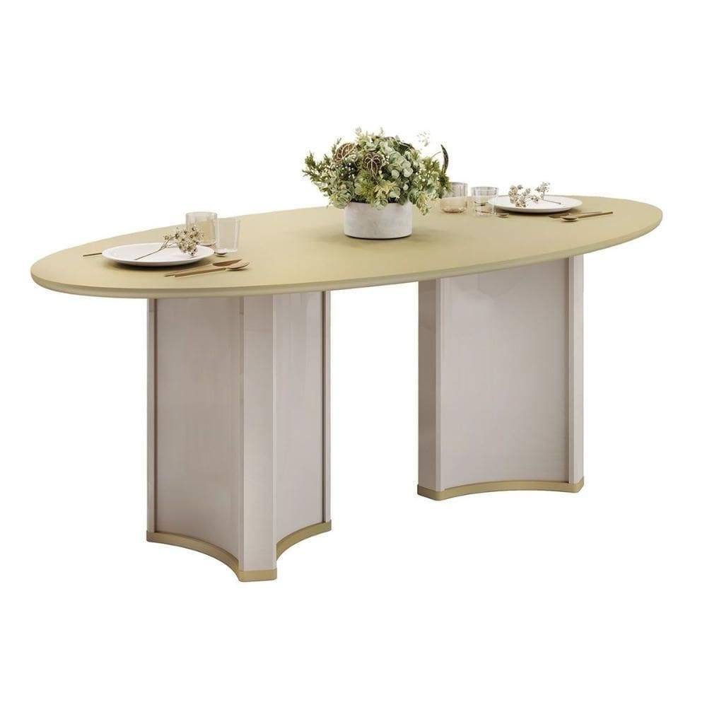 Mesa De Sala Jantar Liz C/ Tampo Madeirado C/ Vidro Oval 218x108cm Off White/dourado - Dj Móveis
