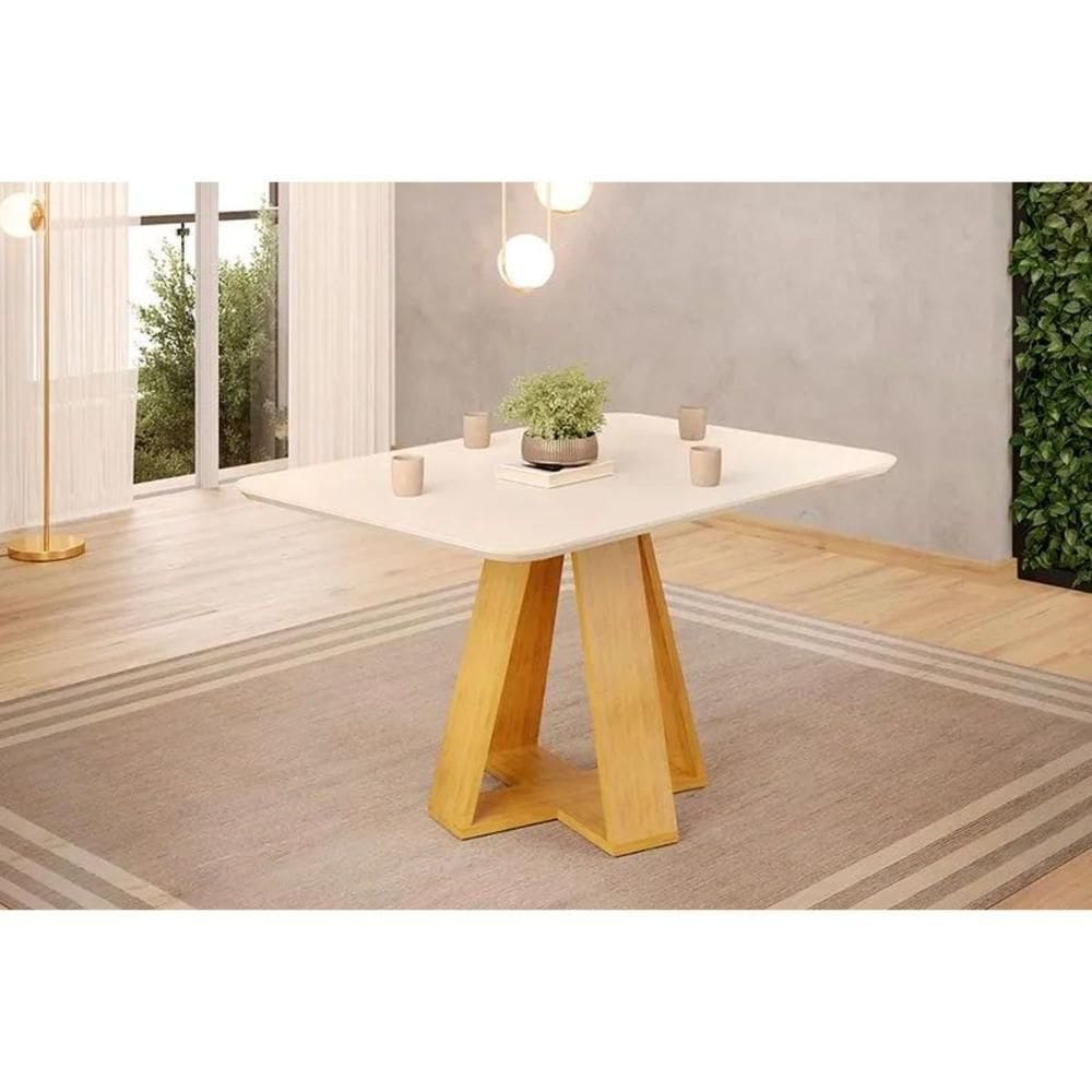 Mesa De Sala Jantar Kiara C/ Tampo Madeirado C/ Vidro Curvo 120x90cm Cedro/off White - Dj Móveis