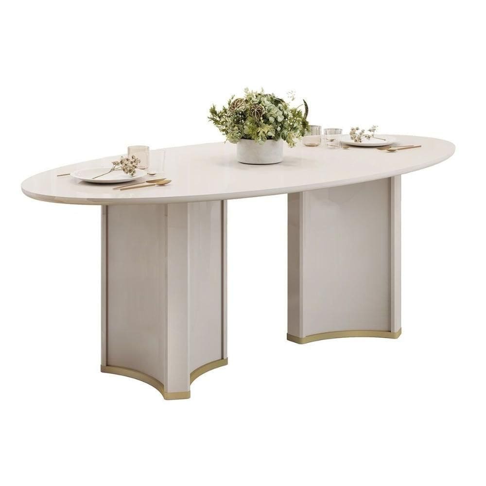 Mesa De Sala Jantar Liz C/ Tampo Madeirado C/ Vidro Oval 218x108cm Off White/off White - Dj Móveis