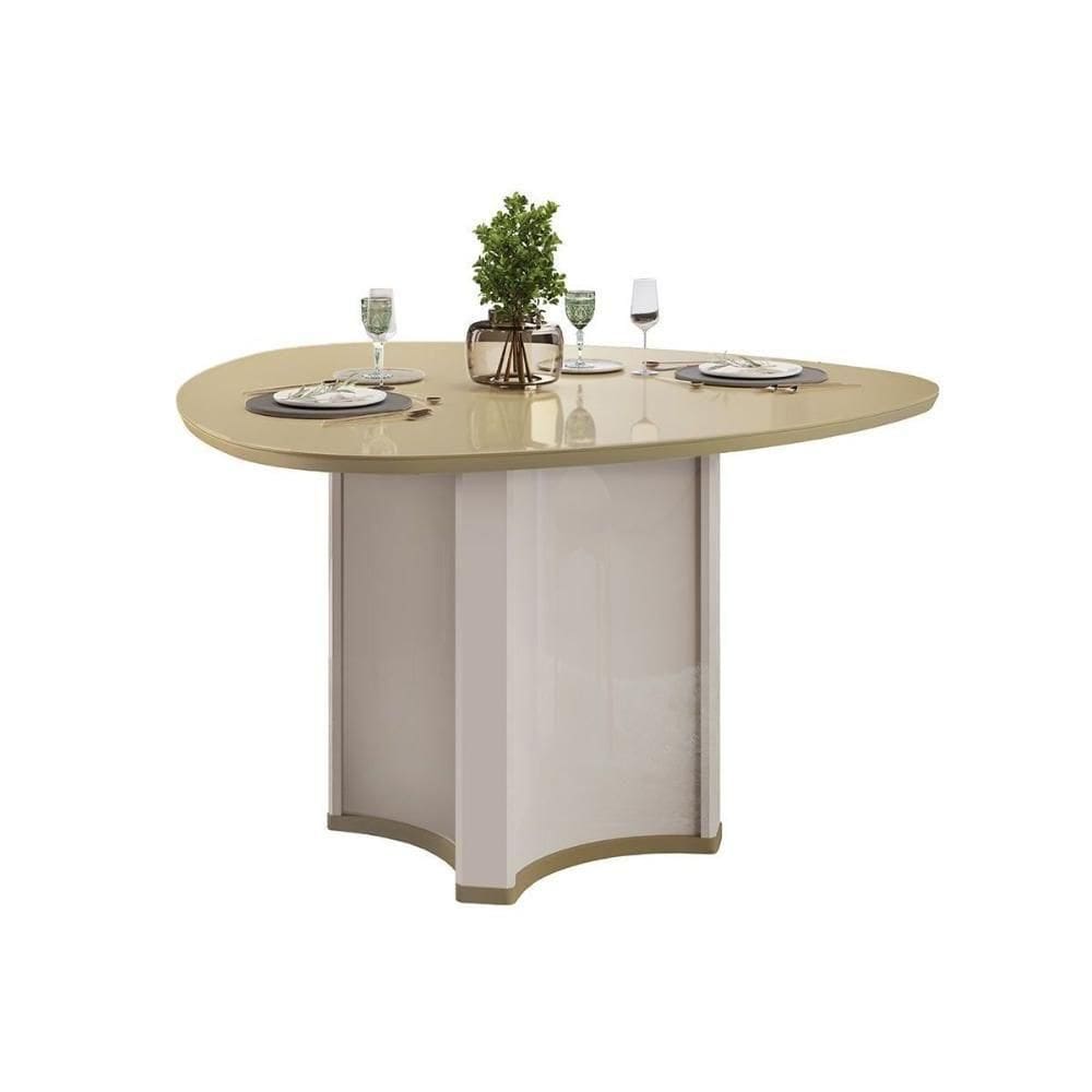 Mesa De Sala Jantar Chanel C/ Tampo Madeirado C/ Vidro Orgânico 136x136cm Off White/dourado - Dj Móveis