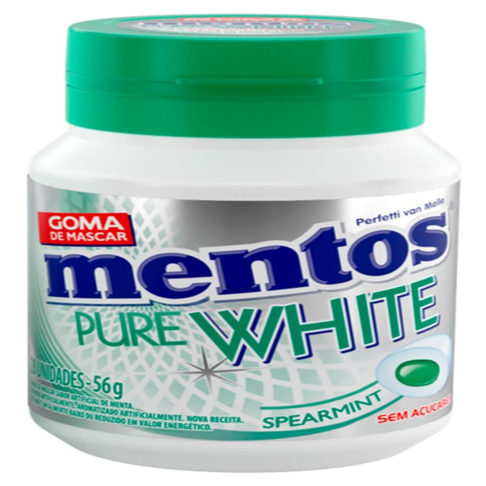 Goma de Mascar Mentos Pure White Spearmint Sem Açúcar Pote 56g