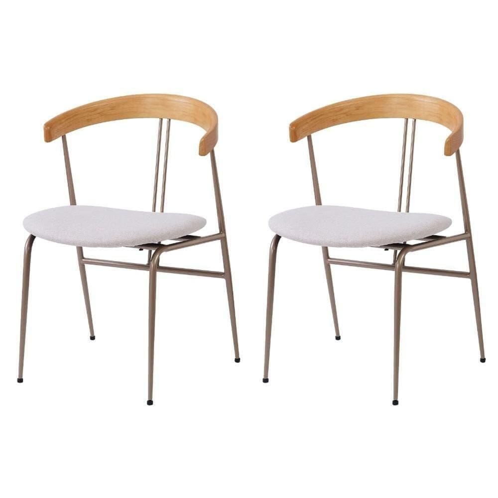 Kit 2 Cadeiras Escandinávia Fratini Encosto Madeira Assento Tecido Nude Estrutura Aço Champangne
