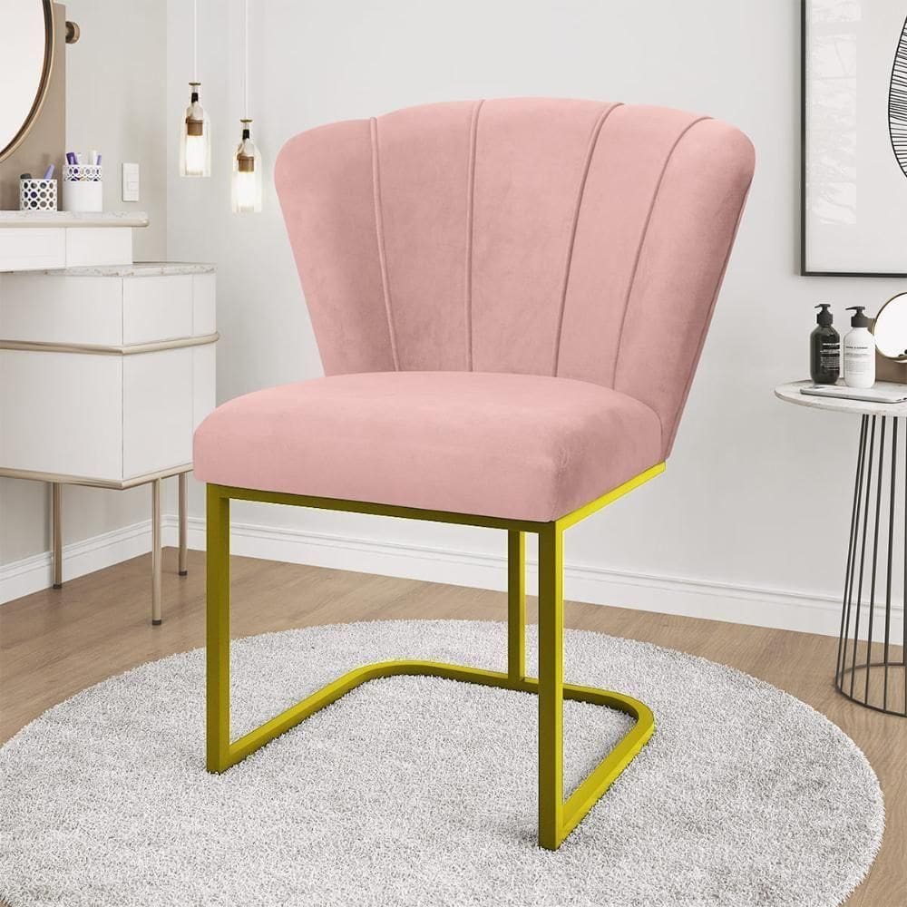 Cadeira Jantar Flor Mesa Cozinha Reforçada Base Metal Dourada Rosa