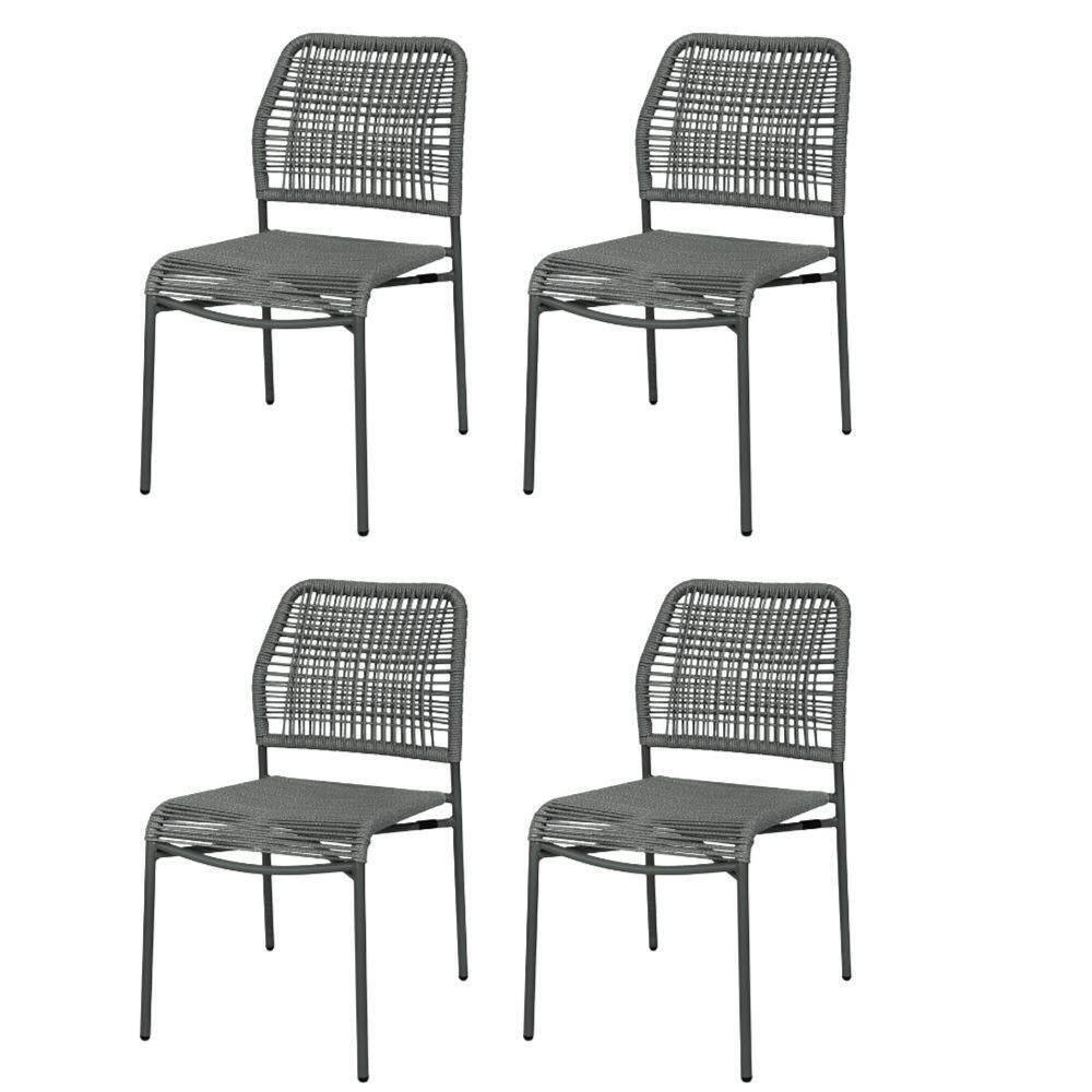 Kit 4 Cadeiras Empilhável Leme Fratini Aço Preto Assento E Encosto Trama De Corda Náutica Preto