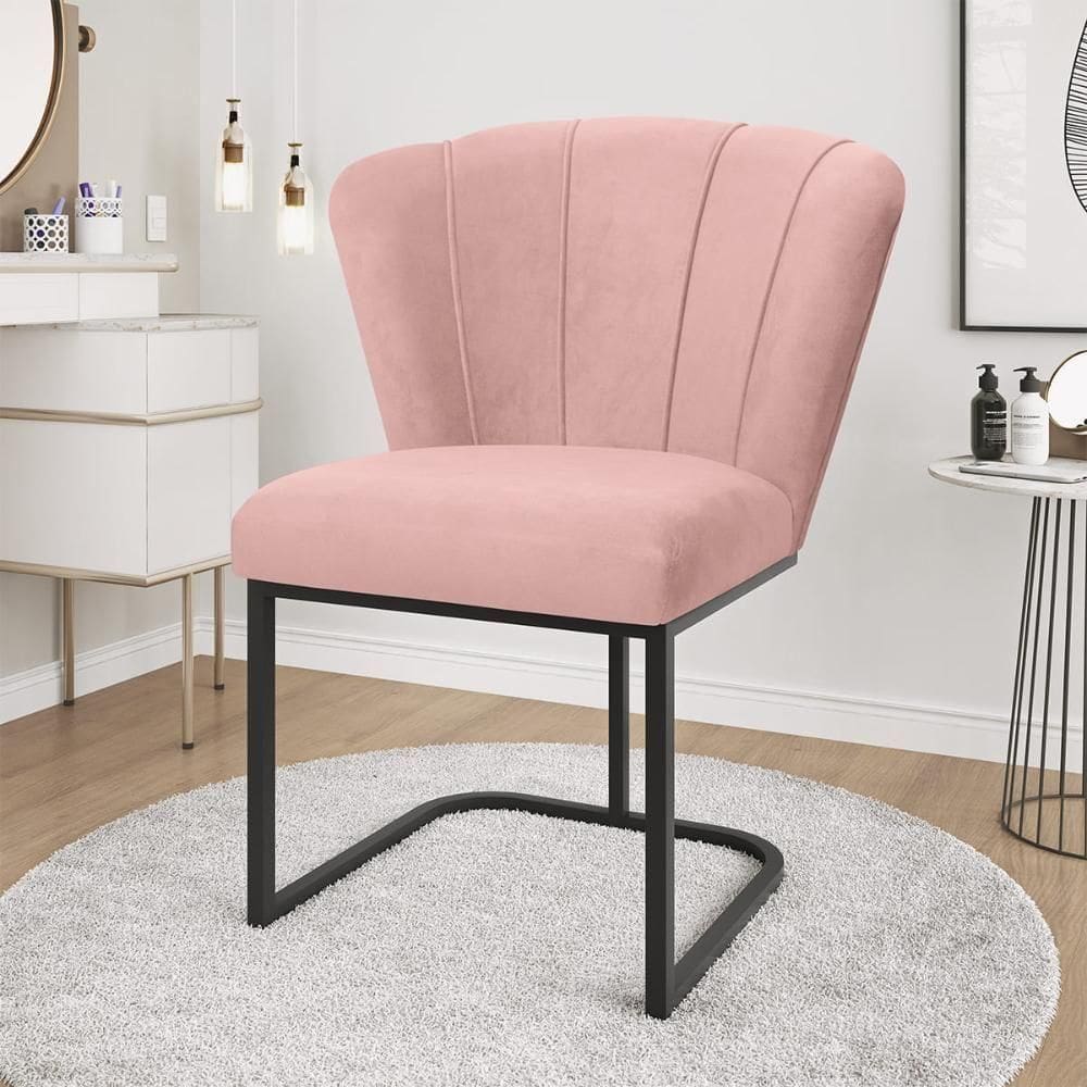 Cadeira Jantar Flor Mesa Cozinha Reforçada Base Metal Preta Rosa