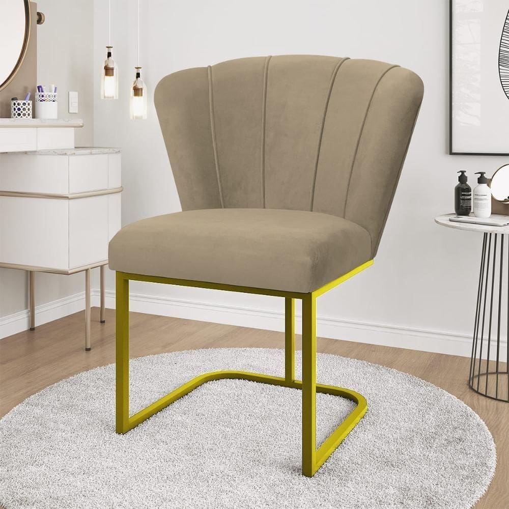 Cadeira Jantar Flor Mesa Cozinha Reforçada Base Metal Dourada Capuccino