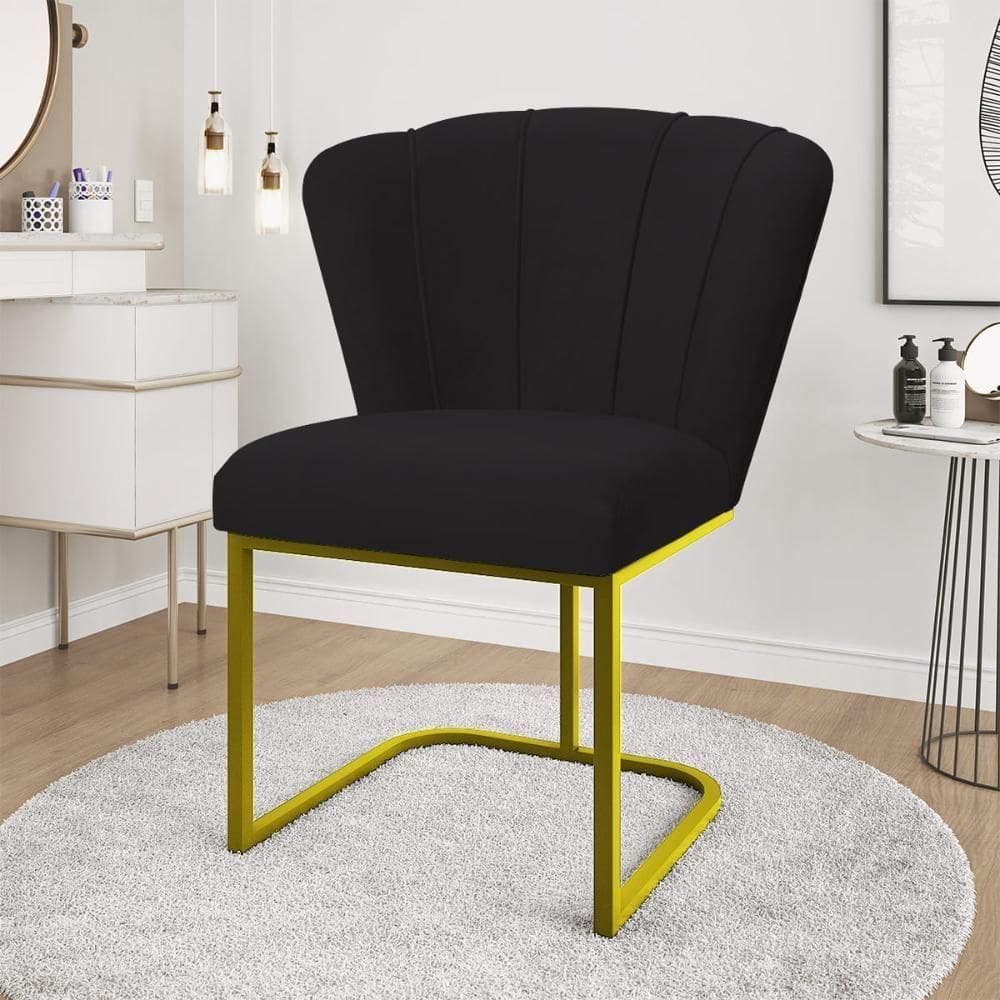 Cadeira Jantar Flor Mesa Cozinha Reforçada Base Metal Dourada Preto