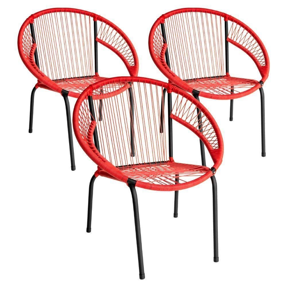 Kit 3 Cadeira De Área Eclipse Tramado Fibra Sintética E Aço Vermelho