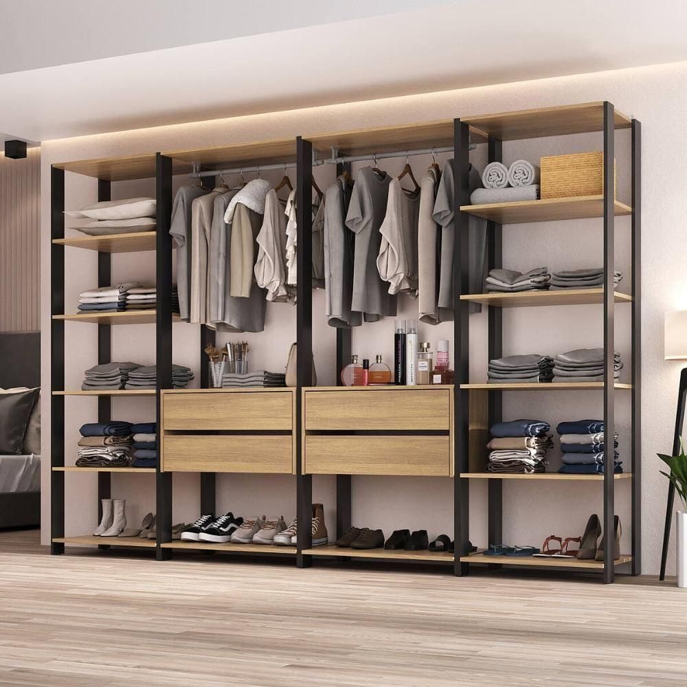 Closet Aberto Modulado Arara Organizadora Com Cabideiro 270cm Allegra Multimóveis Mp4390 Preto/madeirado
