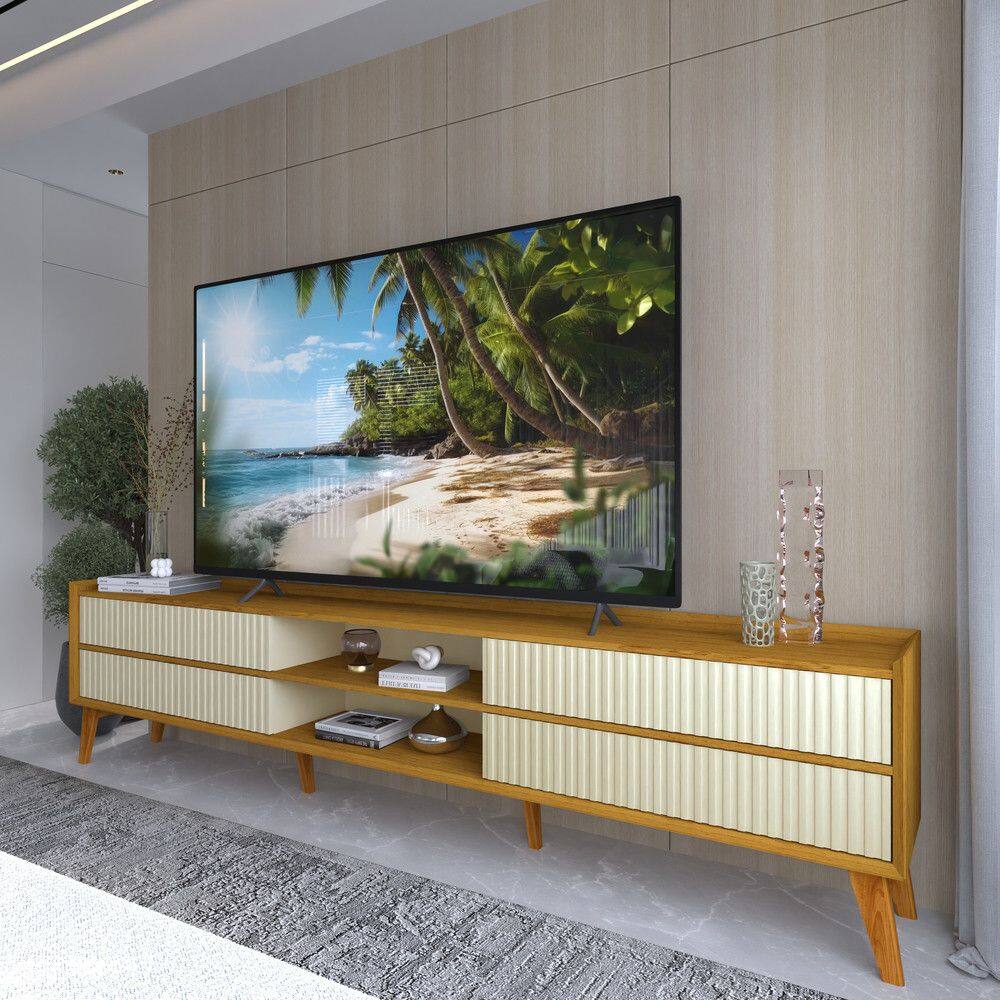 Rack Ripado para TV ate 85 Polegadas 4 Gavetas com Pes de Madeira Macica em MDF Magnifico Gelius