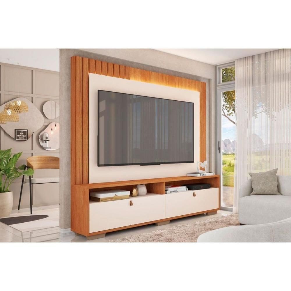 Rack Bancada C/ Painel P/ Tv Até 70 Pol Fox 2.0 Pés 200x191cm Freijo/off White - Caemmun