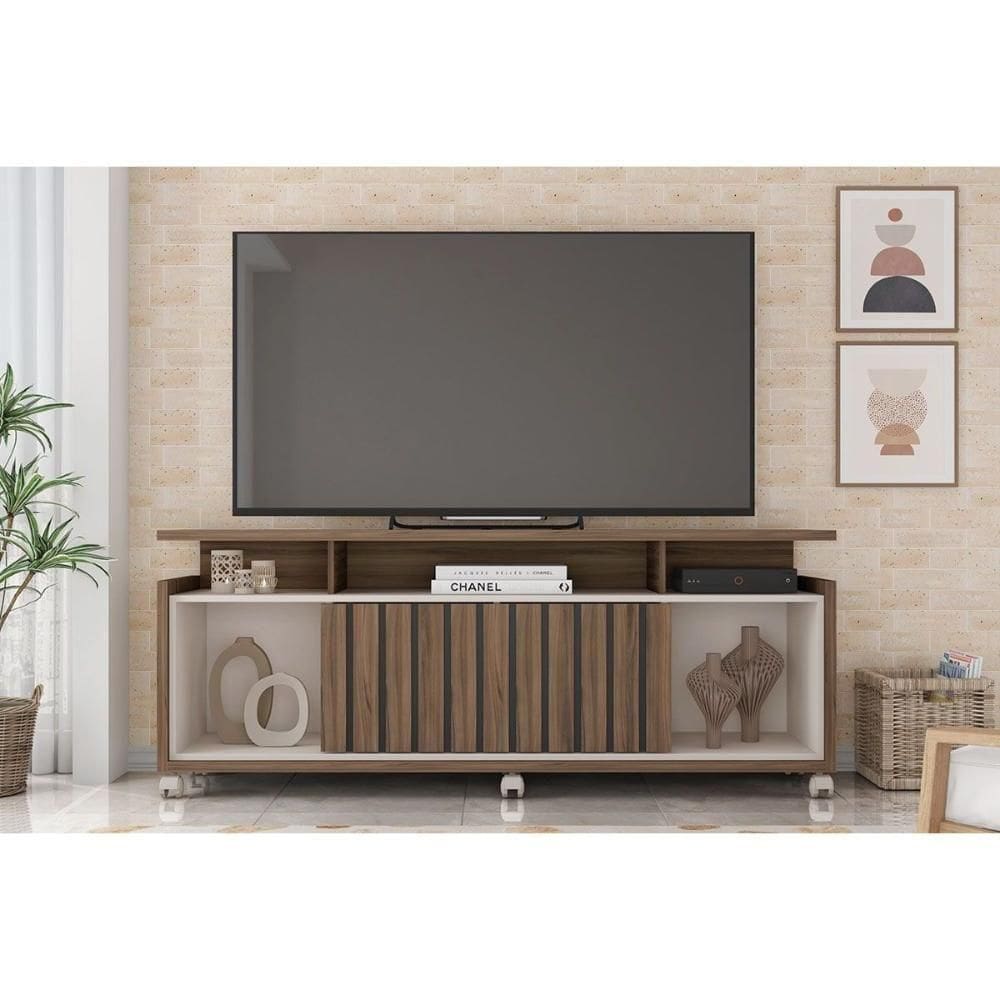Rack Bancada P/ Tv Até 70 Pol Oásis C/ Ripado E Rodizios 160cm Nogueira San Remo/off White - Caemmun