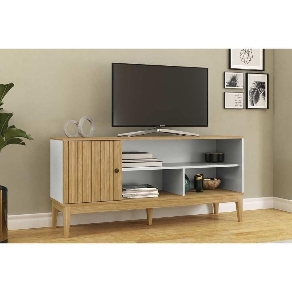 Rack Bancada P/ Tv Até 55 Pol Mb 1056 C/ 1 Porta 136cm Mel/off White - Movelbento