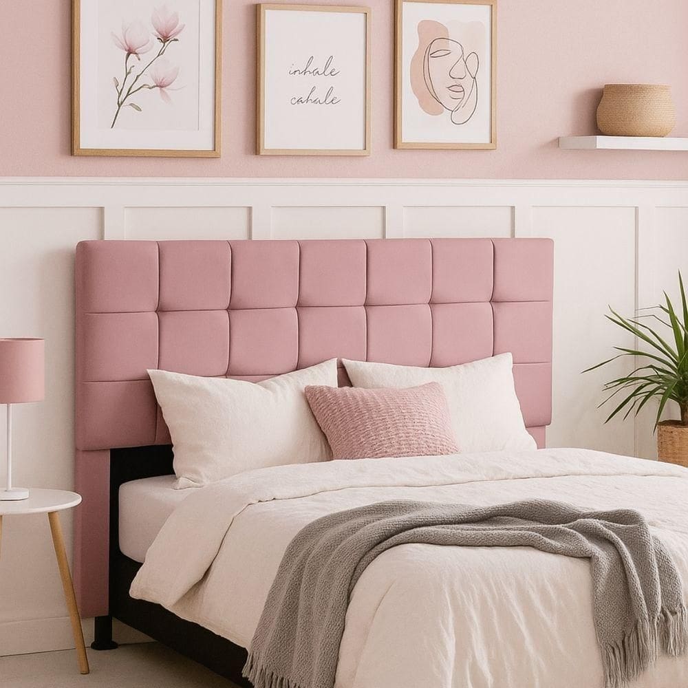 Cabeceira Cama De Casal 140 Cm Naiara Em Suede Com Frame Rosa