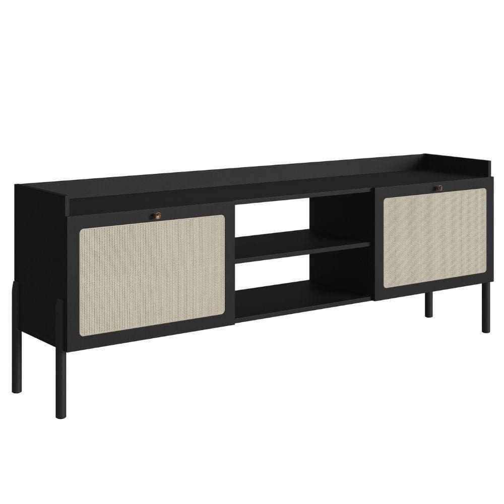 Rack 2 Portas Oslo Artesano 183 Cm (largura) Mdp Nero Palha Sintética Bege Pé Madeira Maciça