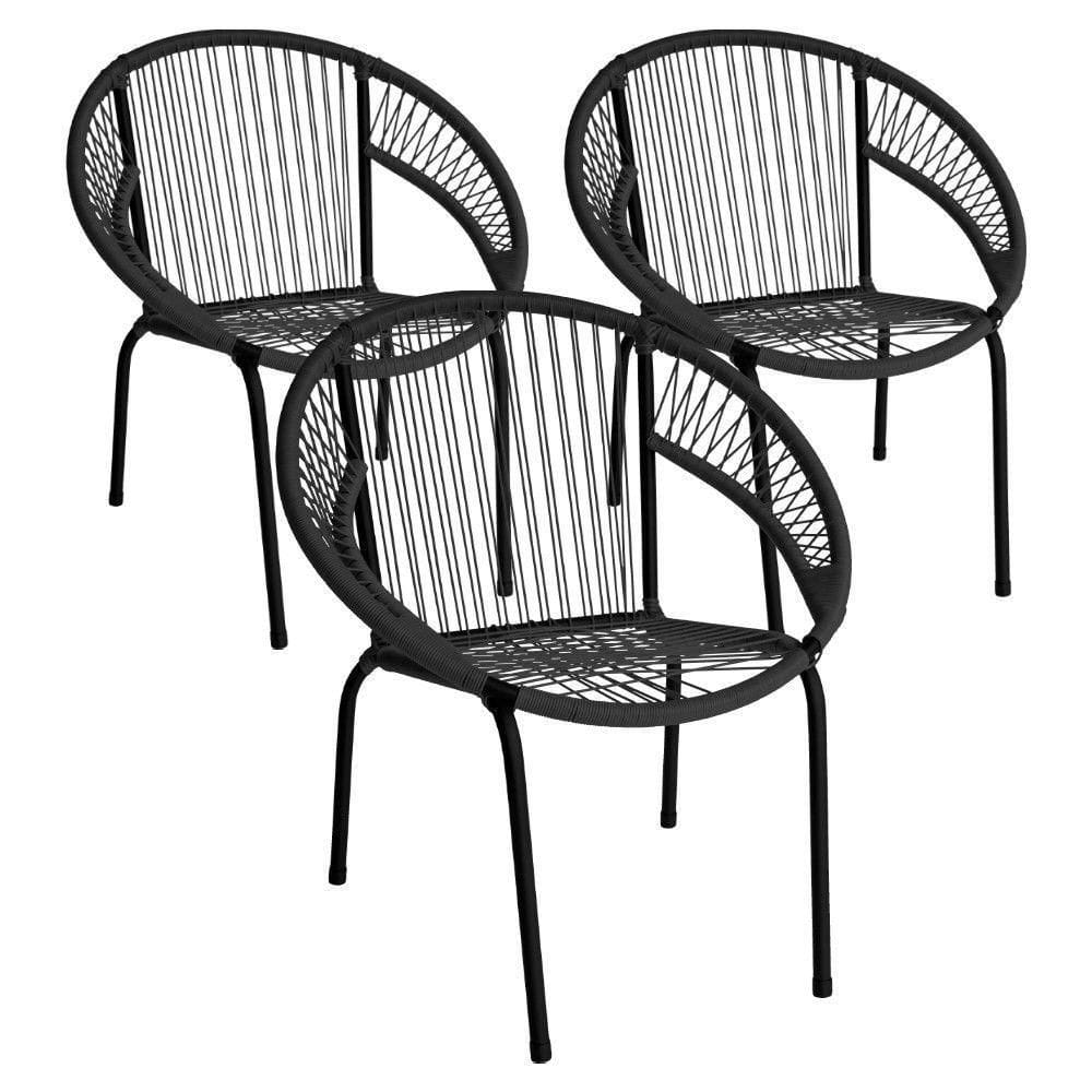 Kit 3 Cadeira De Área Eclipse Tramado Fibra Sintética E Aço Preto