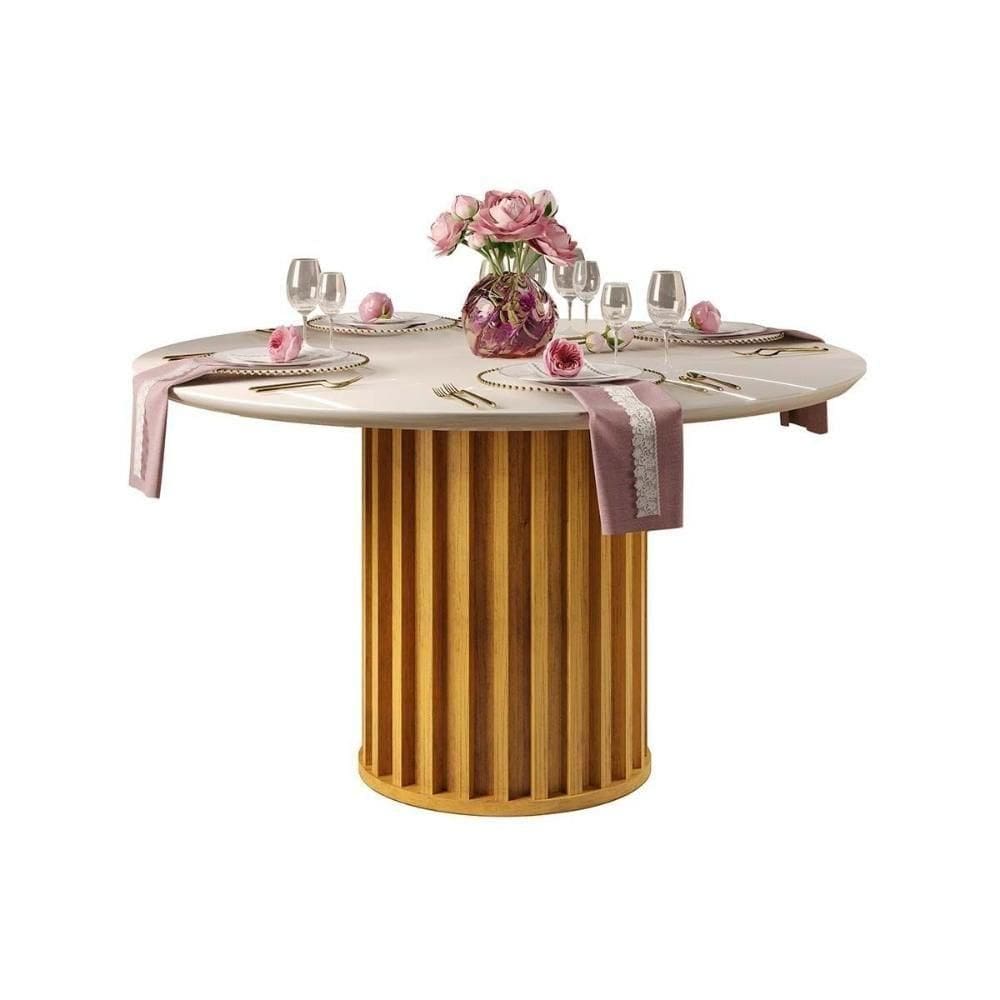 Mesa Para Cozinha Viena Com Tampo Madeirado Com Vidro 136cm Cedro Off White Dj Móveis