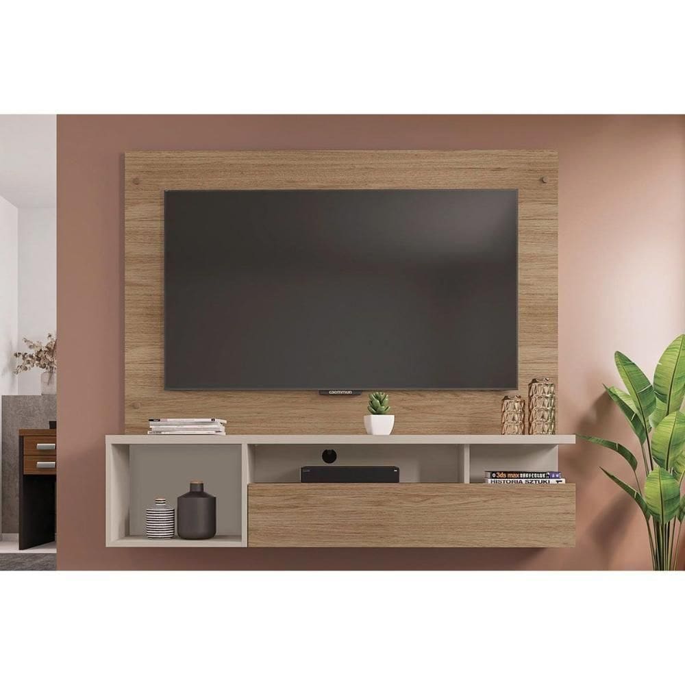 Rack Bancada C/ Painel P/ Tv Até 55 Pol Brasil Nichos 136x122cm Buriti/off White - Caemmun