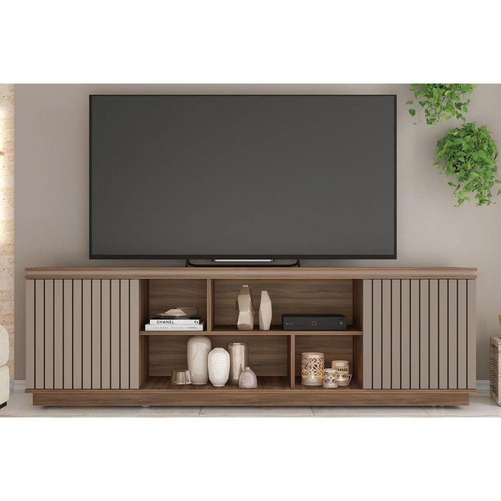 Rack Bancada P/ Tv Até 75 Pol Simetria C/ Nichos E Rodizios 180cm Nogueira San Remo/fendi - Caemmun