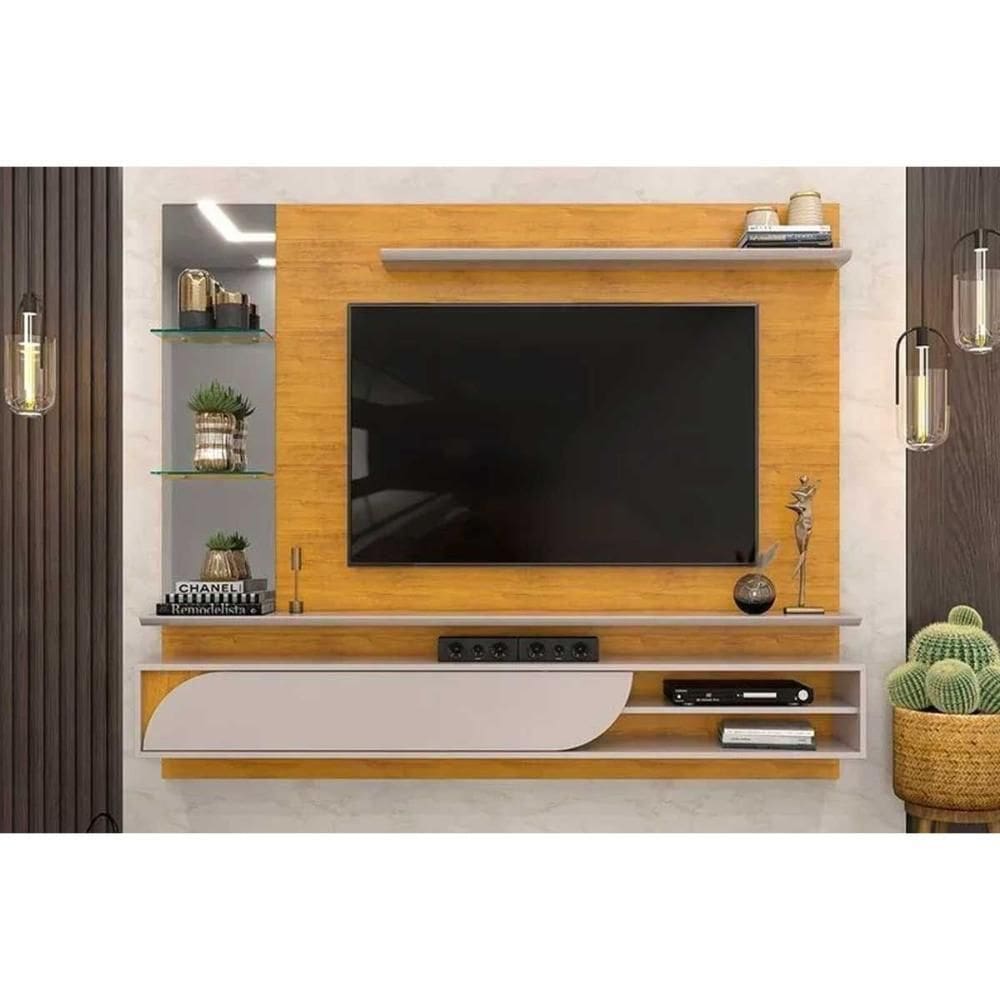 Rack Bancada C/ Painel P/ Tv Até 60 Polegadas Ravi Prateleiras E Nicho 180x152cm Cedro/bali - Dj Móveis