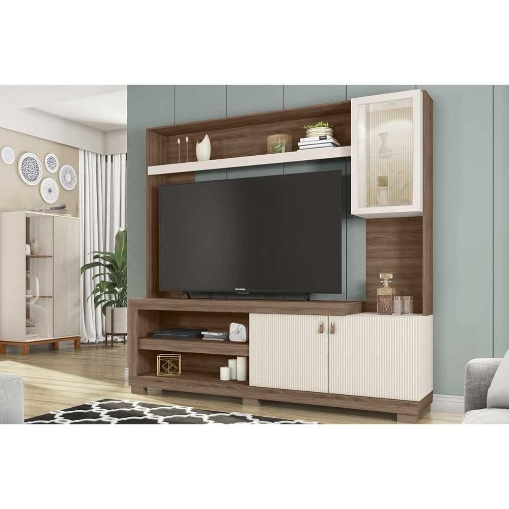 Home P/ Tv Até 55 Pol Lume C/ Led E 3 Portas (1 C/ Vidro) 190x186cm Nogueira/off White Mr - Caemmun