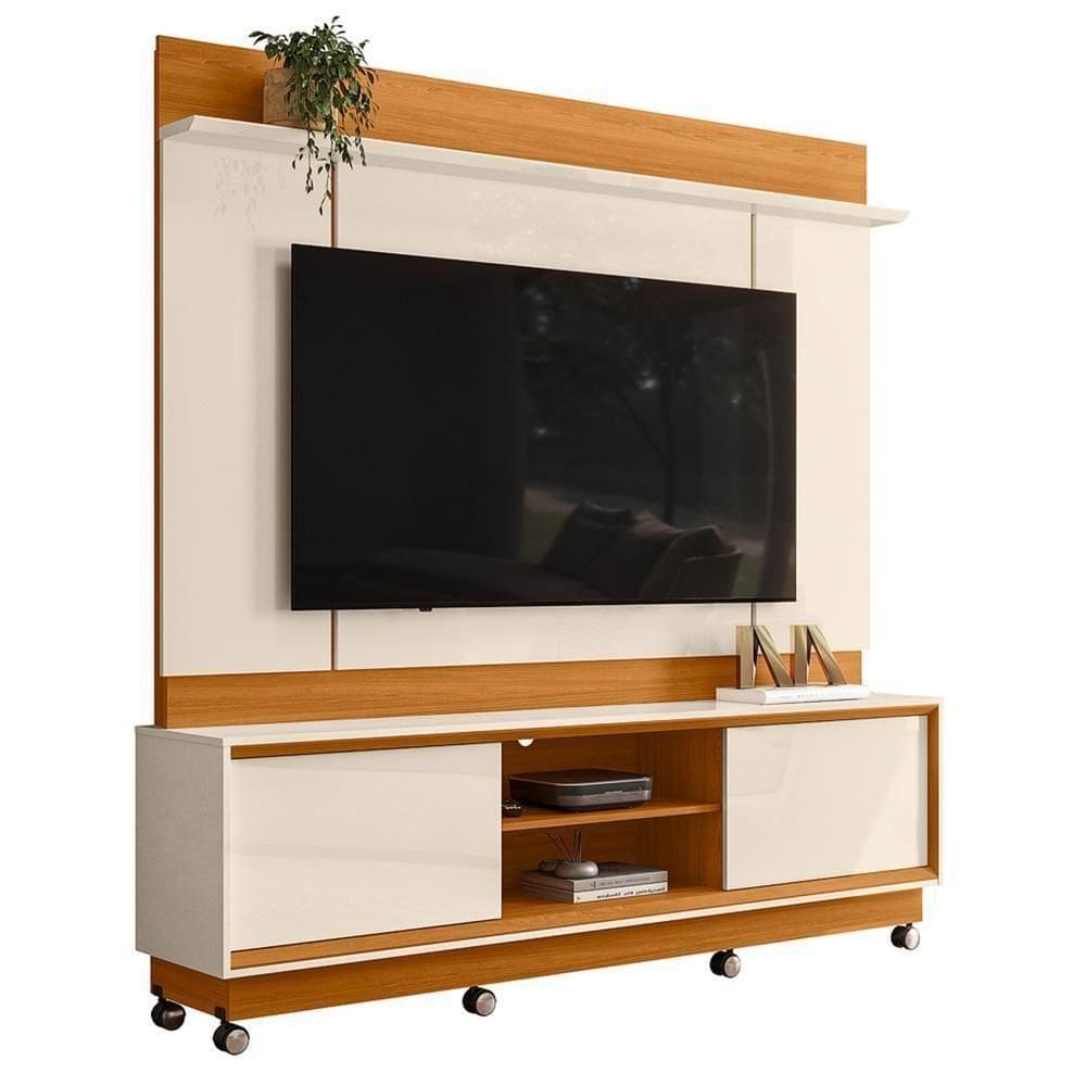 Estante Home Theater Siena Cinamomo/off White Para Tv Até 75” Com Rodízios - Madetec Cinamomo/off White