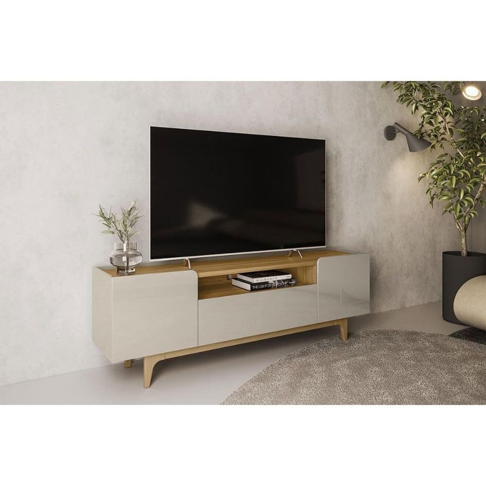 Rack Bancada P/ Tv Até 75 Pol Orlando C/ 3 Portas E 1 Nicho 180cm Tauari/off White Brilho - Linea
