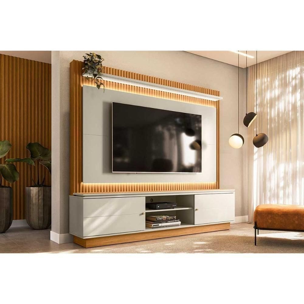 Home P/ Tv Até 75 Pol Guararapes C/ 2 Portas E Led 215x191cm Nature/off White - Linea Brasil