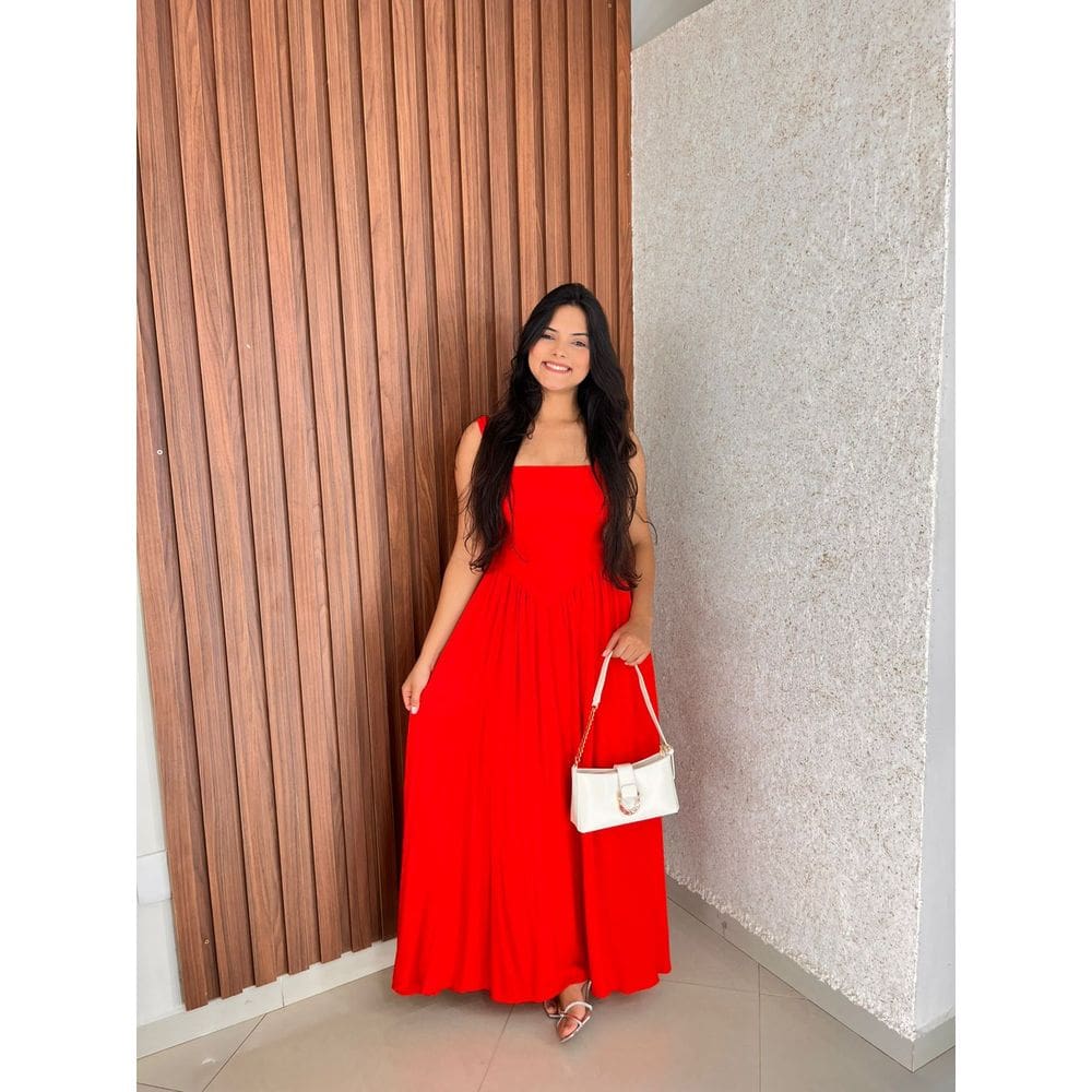 Vestido De Alça Midi Amarração Nas Costa Decote Quadrado