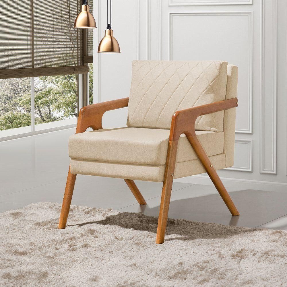 Poltrona Mona Luxo Onix Madeira Maciça Tecido Linho Bege Web Holz