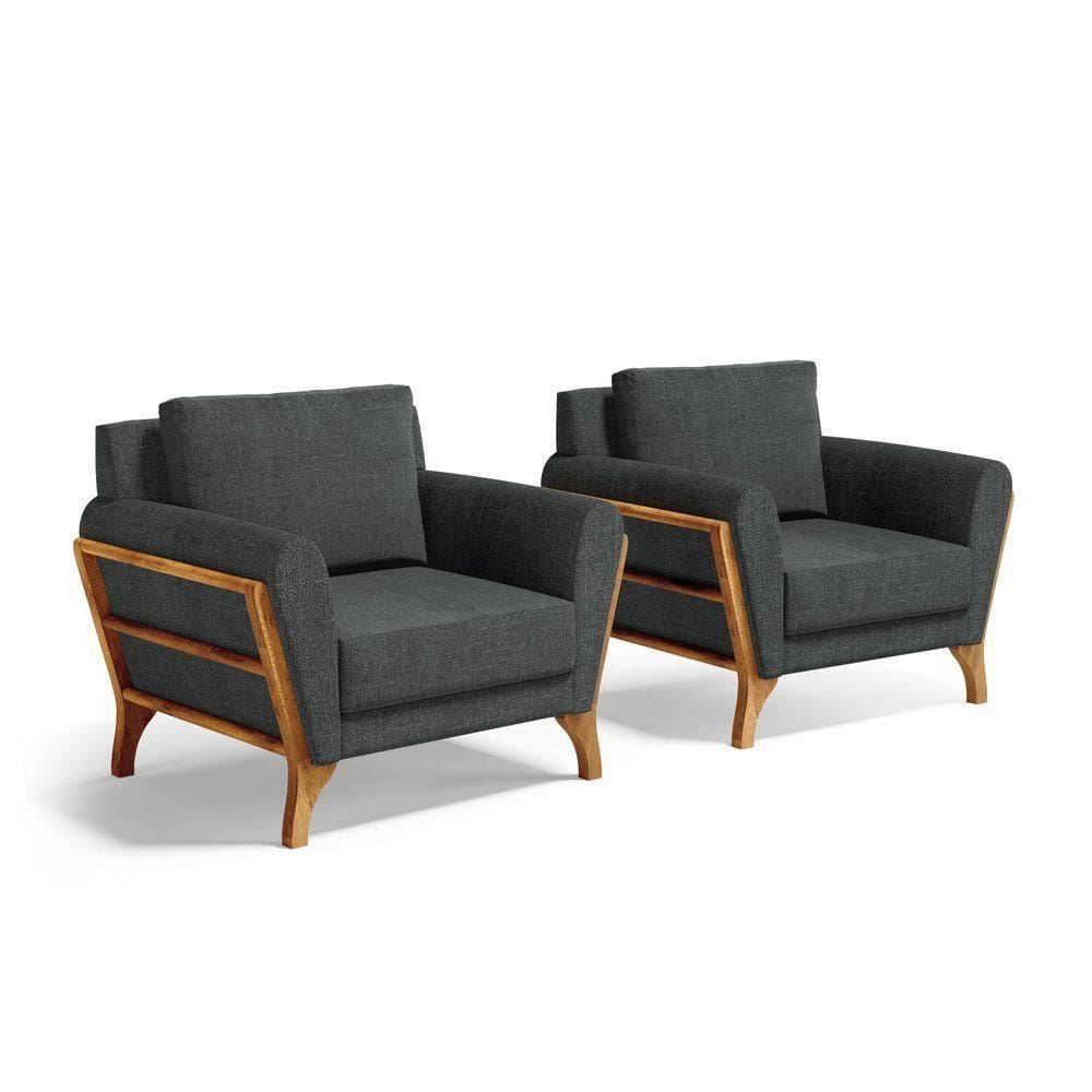 Kit 2 Poltronas Sabrina De Madeira Maciça Com Almofada Linho Chumbo 406