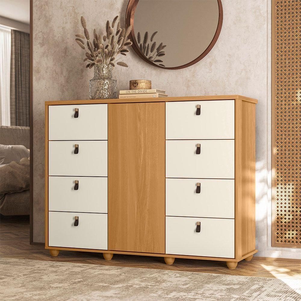 Cômoda Larissa Com 8 Gavetas Móveis Albatroz Carvalho Grife/off White