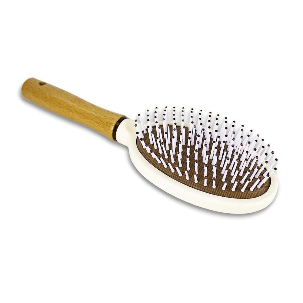 Escova De Cabelos Oval Almofadada Cabo Madeira